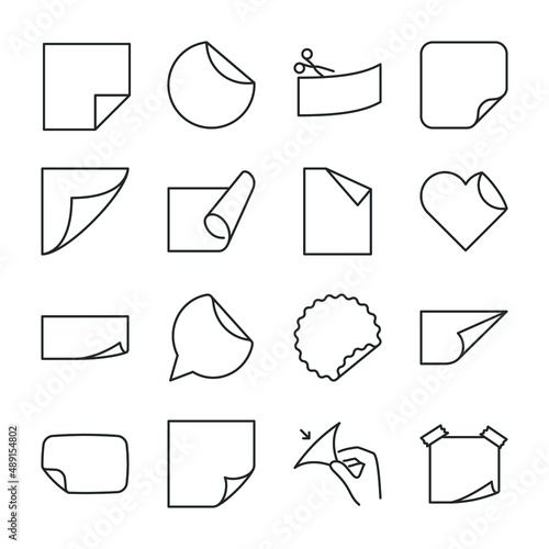 Sticker icons set. Paper with folded corners, label. Line with editable stroke