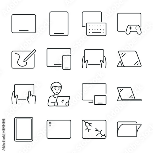 Tablet icons set. Various options for using the tablet, headsets, accessories, icon collection. Line with editable stroke