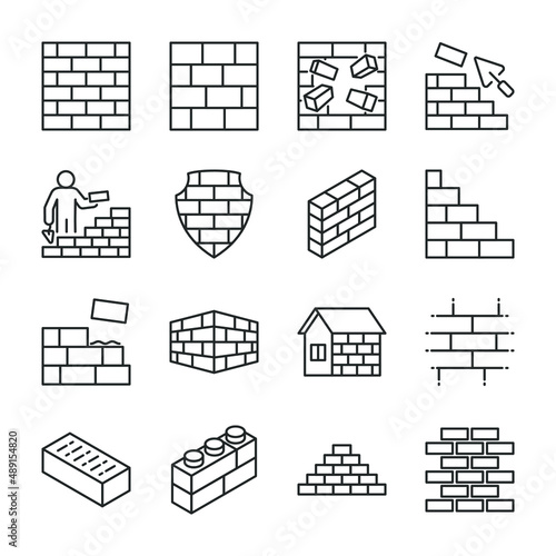 Brick wall icons set. Line with editable stroke photo