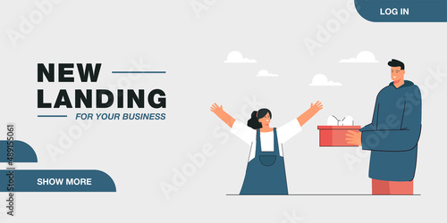Guy giving gift box to excited girl. Man congratulating greeting smiling woman with birthday anniversary. Boy making present to happy girlfriend. Valentines day. Flat vector illustration.