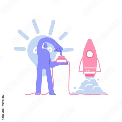 Flat modern character presses a button and launches a rocket. Company startup advertising concept. Business Concept illustration with man taking part in business activities