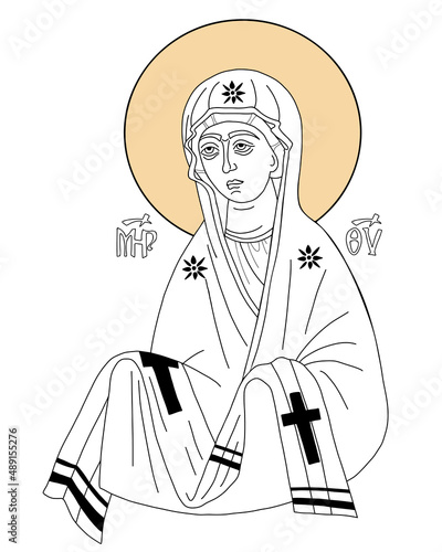 Icon of Intercession of Most Holy Theotokos. Virgin Holy Mary Mother Mary of Intercession with an omophorion. Linear hand drawing. Vector illustration for Christian and Catholic communities
