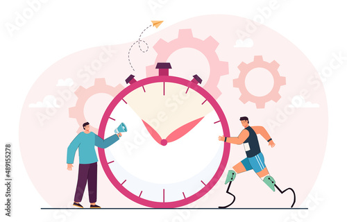 Man announcing in megaphone race of paralympian athlete. Tiny person with prosthesis training near stopwatch flat vector illustration. Disability concept for banner, website design or landing web page