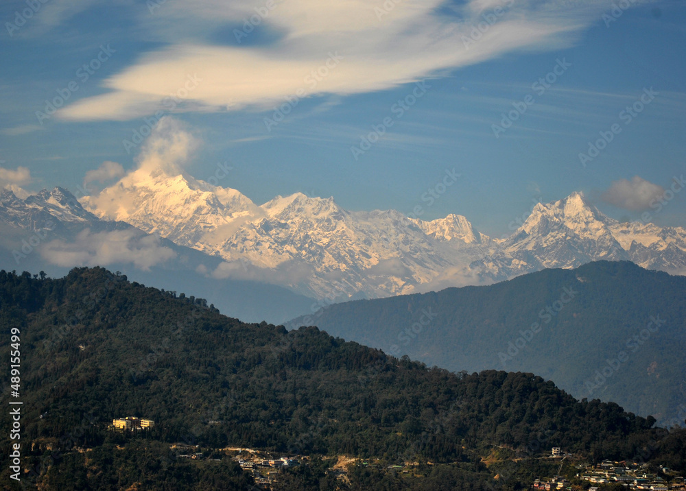 A panoramic view of Mt. Kanchanjunga as seen from Bulbulay look mesmerizing in Gangtok, Sikkim. This is the third highest peak of the world 8586 meters. ..