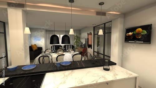 SALON COMEDOR COCINA DE APARTAMENTO EN LA CIUDAD DE ESTILO NEOCLASICO 