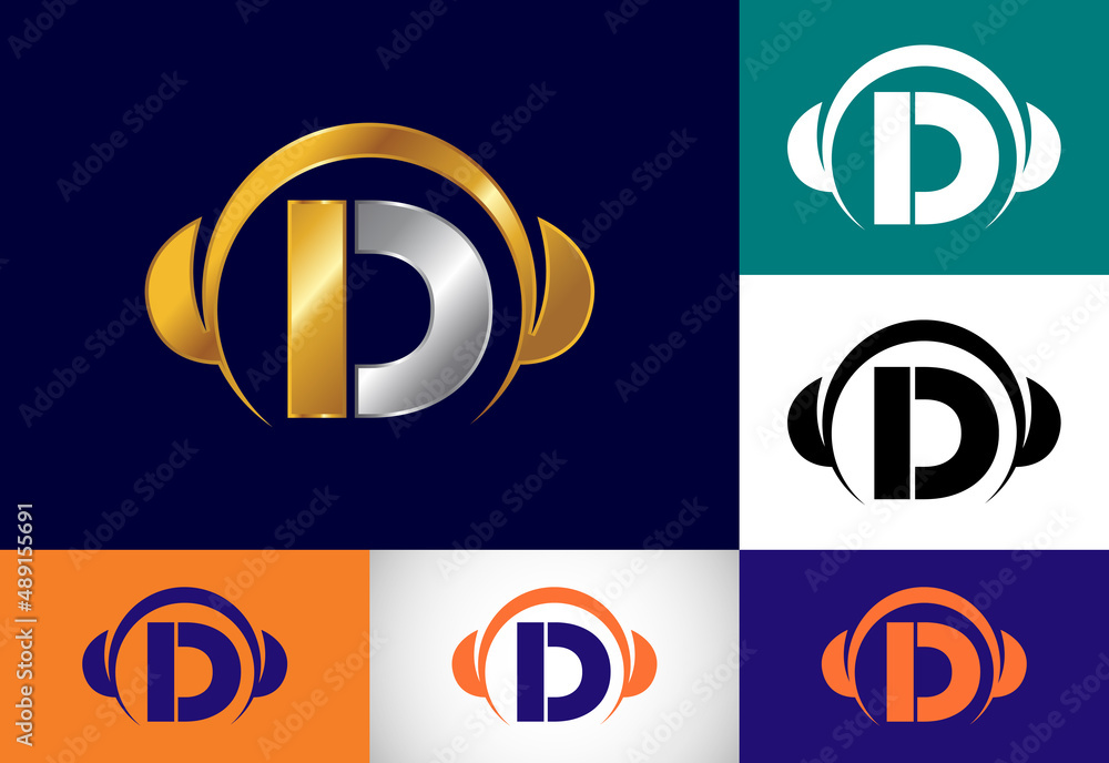 Fototapeta premium Initial D monogram alphabet with a headphone. Headphone Logo. Music sign symbol. Font emblem.