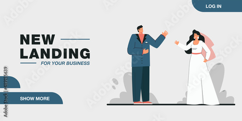 Cartoon bride and groom getting married. Man in tuxedo and woman in wedding dress flat vector illustration. Love, relationship, romance, marriage concept for banner, website design or landing web page