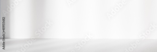 Abstract white studio background for product presentation. Empty room with shadows of window. Display product with blurred backdrop. Banner