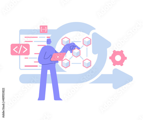 Flat modern character involved in agile development methodology. development software and organize. Requirement, design, development, debug, testing. Business illustration, business activities