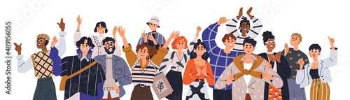 Crowd of happy people group, welcoming and applauding. Active fans audience with hands up standing together. Young men and women yelling at event. Flat vector illustration isolated on white background