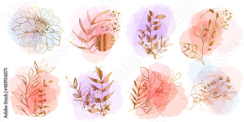 Set of floral frames with different grasses  ferns and leaves. Flower wreaths with ornaments and gold glitter effects. Element design. Vector illustration with colorful watercolors and gold.