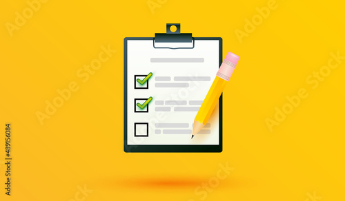 clipboard with checklist and pencil. Document in test form with check marks on note paper vector illustration.