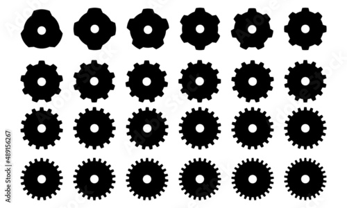 Different and many black color of the gears on white color background, many type of gears, sign and symbol