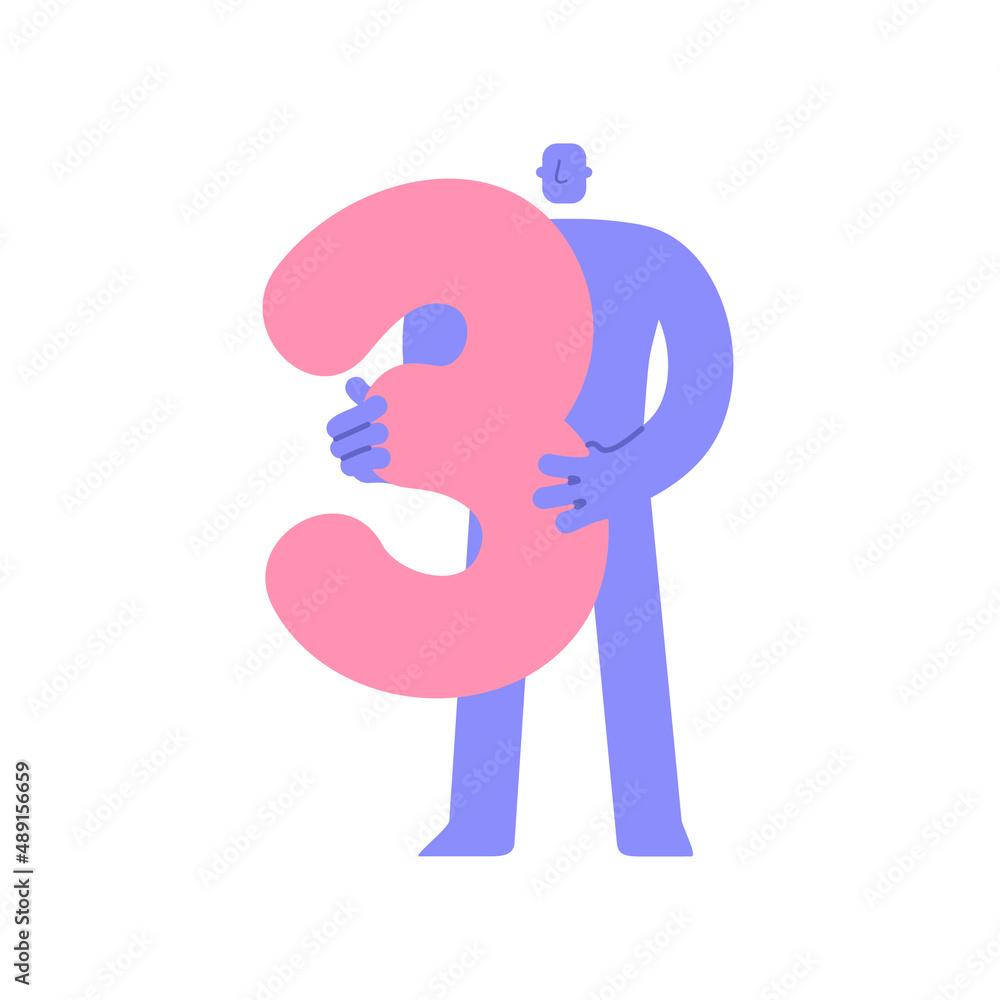 Fototapeta premium Trendy flat modern character holding number 3, three. Man showing big number. Education, birthday, celebrating achievements concept, sale and discount. Cartoon comic style.
