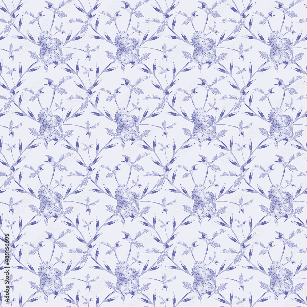 Floral seamless pattern. Lilac dahlia flowers, buds and leaves on a lilac background. Very Peri Color of the Year 2022. Floral seamless pattern. Lilac dahlia flowers, buds and leaves on a lilac background. Very Peri Color of the Year 2022.