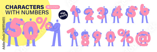 Trendy flat modern characters holding numbers. Set of people showing big numbers. Education, birhtday, celebrating achievements concept, sale and discount. Cartoon comic style.