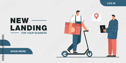 Courier delivering medications to patient using online tracking. Pills tablets fast contactless home delivery using web app. First aid, healthcare concept. Cartoon flat vector illustration.