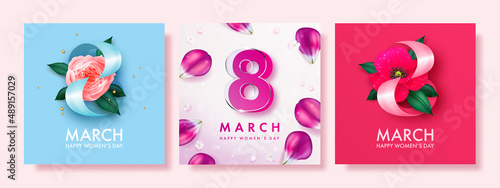 Set of women's day banner. 8 march holiday background with realistic petals and flowers. Vector illustration for poster, greeting cards, booklets, promotional materials, website