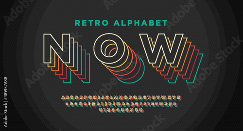 Retro font in 90s, 80s style with colorful layers. Letters and numbers included. Outline layered colored font. Vector alphabet abc photo