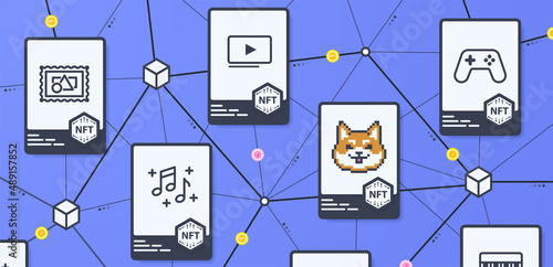 NFT cards with crypto objects of art, sports, music, video, games items on sale and blockchain in the background. Online NFT collectibles market in trendy modern colors.