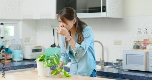 woman smell stinky in kitchen photo