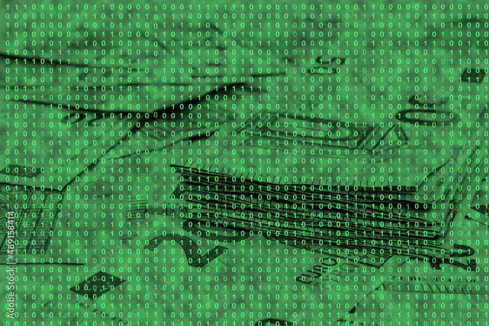 binary code grid from bright green numbers on the background of euro banknotes, ecommerce concept binary code grid from bright green numbers on the background of euro banknotes, ecommerce concept