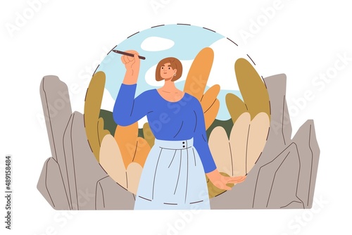 Person setting personal boundaries, limits. Woman creating safe private space, barrier. Psychology isolation, comfort zone, self-safety concept. Flat vector illustration isolated on white background