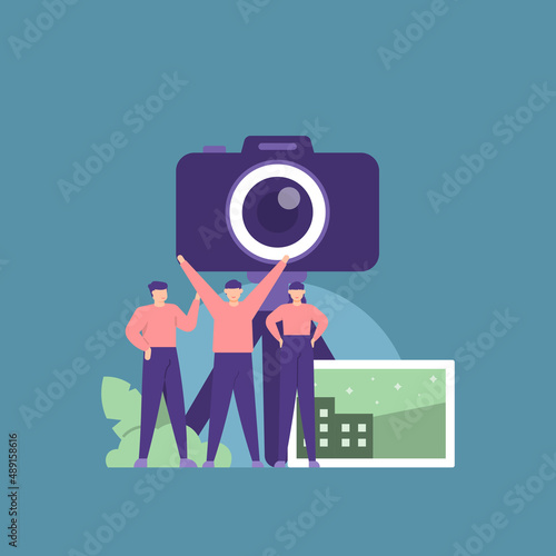 illustration of a team or group, camera, and photo. photo studio staff, photographer team, freelance, workers. profession and work. flat cartoon style. vector design. ui, element