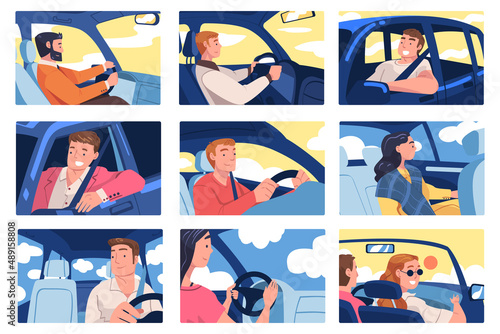 People Character Driving Car Sitting on Driver Seat Inside Vehicle Vector Illustration Set