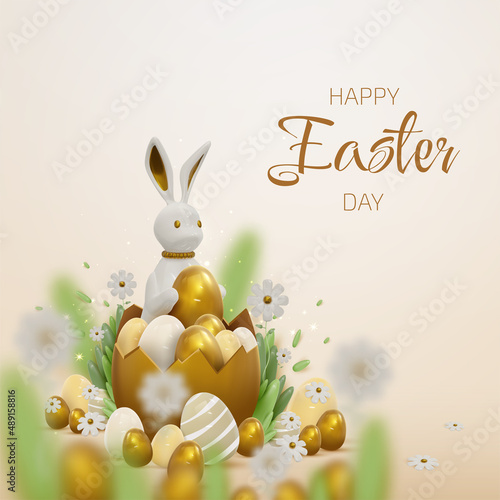 3d realistic bunny with gold easter egg elements with flower and leaf decorations.