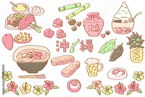 手描きの沖縄イラストセット　レトロカラー