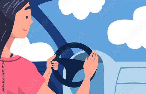 Woman Character Driving Car Sitting on Driver Seat Inside Vehicle Vector Illustration