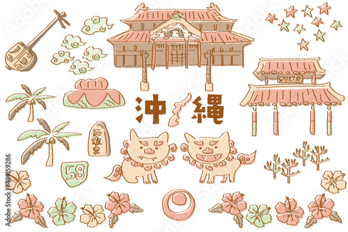 手描きの沖縄イラストセット　レトロカラー