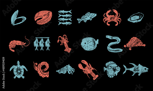 Fishes, arthropods and seafood in a abstract draw design. Simple, flat design. Patterns and backgrounds. photo