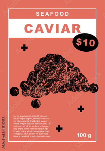 Caviar. Set of posters of fishes and seafood in a abstract draw design. Label or poster, price tag. Simple, flat design. Patterns and backgrounds. Perfect for poster, cover, banner.