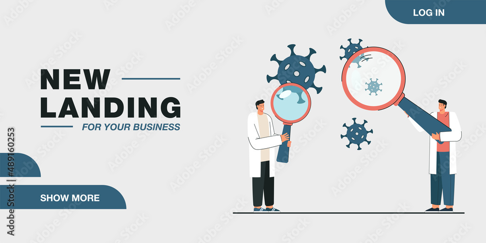 Doctors with huge magnifiers doing research on virus. Medical professionals studying coronavirus flat vector illustration. Medicine, health concept for banner, website design or landing web page Doctors with huge magnifiers doing research on virus. Medical professionals studying coronavirus flat vector illustration. Medicine, health concept for banner, website design or landing web page