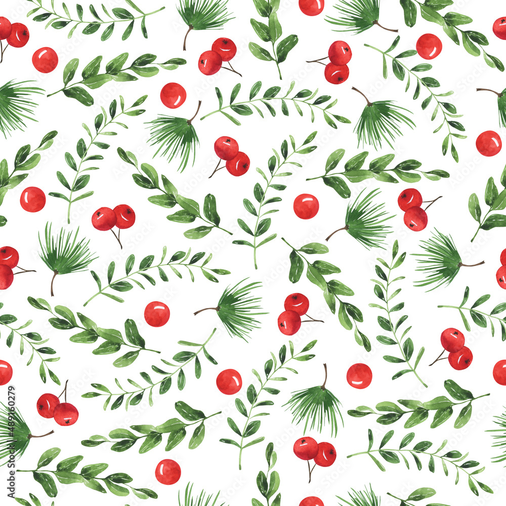 Seamless pattern with red berries, eucalyptus branches, pine branches and green leaves. Hand drawn watercolor illustration. Seamless pattern with red berries, eucalyptus branches, pine branches and green leaves. Hand drawn watercolor illustration.