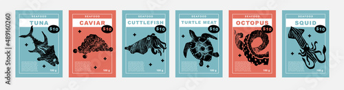Tuna, caviar, cuttlefish, turtle meat, octopus, squid. Set of posters of fishes and seafood in a abstract draw design. Label or poster, price tag. Simple, flat design. Patterns and backgrounds.