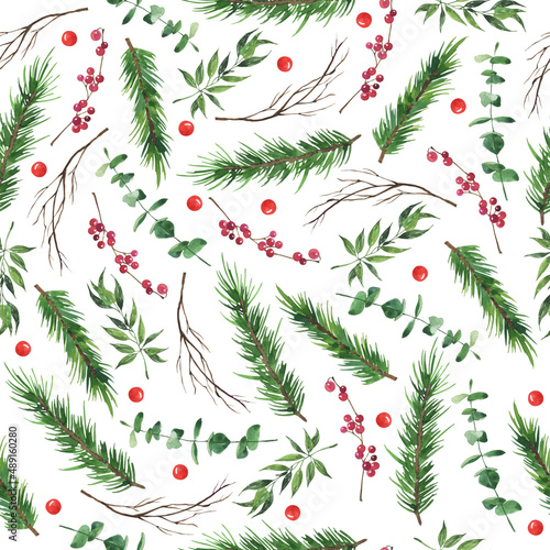Seamless pattern with red berries, eucalyptus branches, pine and dry wood branches and green leaves. Hand drawn watercolor illustration.