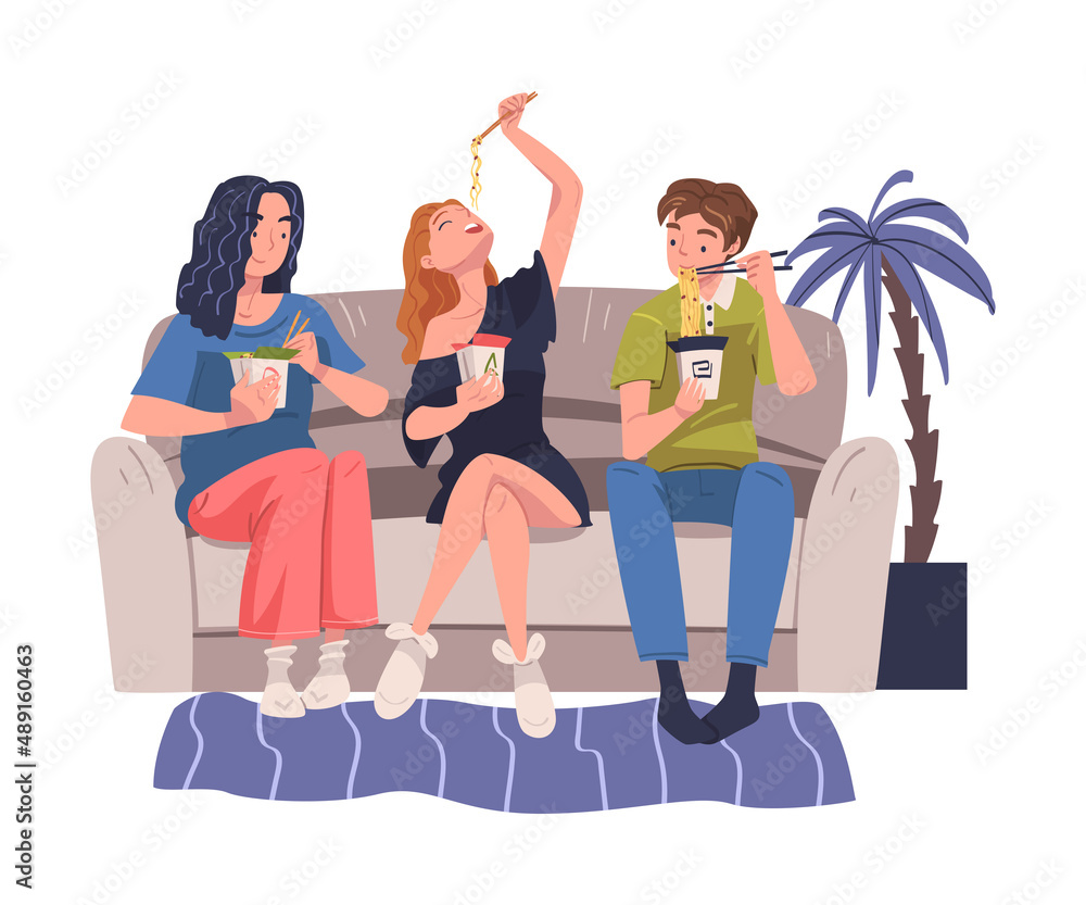 Φωτογραφία Group of Friend Character Eating Food at Home Sitting on the Sofa with Noodles V