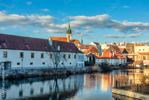 Old town in city Jindrichuv Hradec reflecting in water, Czech Republic in the region South Bohemia.