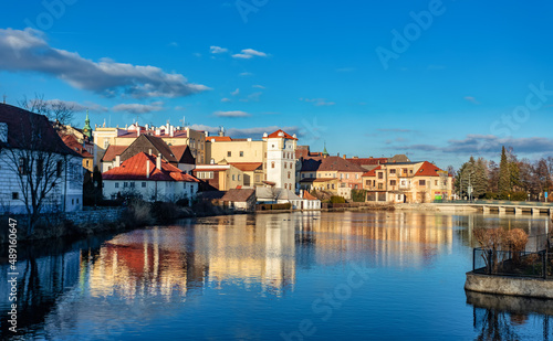 Old town in city Jindrichuv Hradec reflecting in water, Czech Republic in the region South Bohemia.
