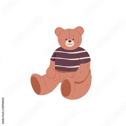 Plush teddy bear. Stuffed fluffy teddybear sitting. Childrens soft toy. Cuddly sweet cute doll animal in T-shirt. Flat vector illustration isolated on white background