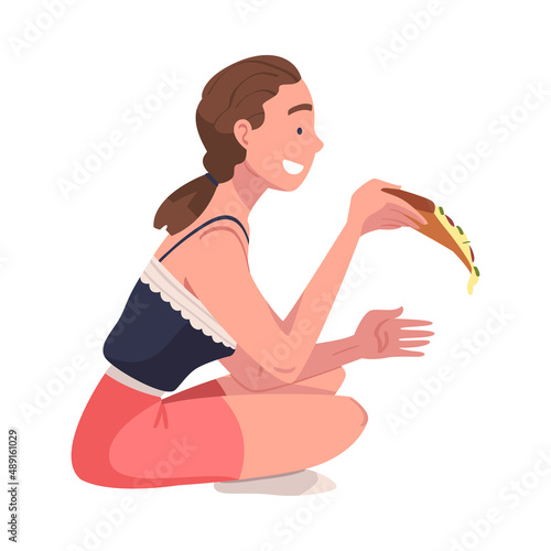 Woman Character Eating Food at Home Sitting on the Floor with Slice of Pizza Vector Illustration