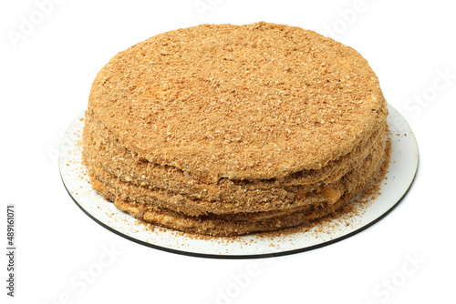 Round honey cake isolated on white background