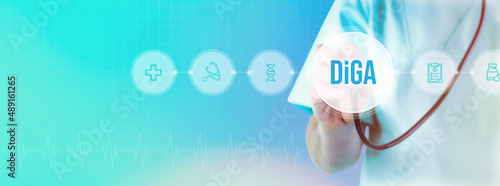 DiGA (Digitale Gesundheitsanwendungen). Arzt mit Stethoskop im Fokus. Icons und Text auf einem digitalen Interface. Medizinische Technologie photo