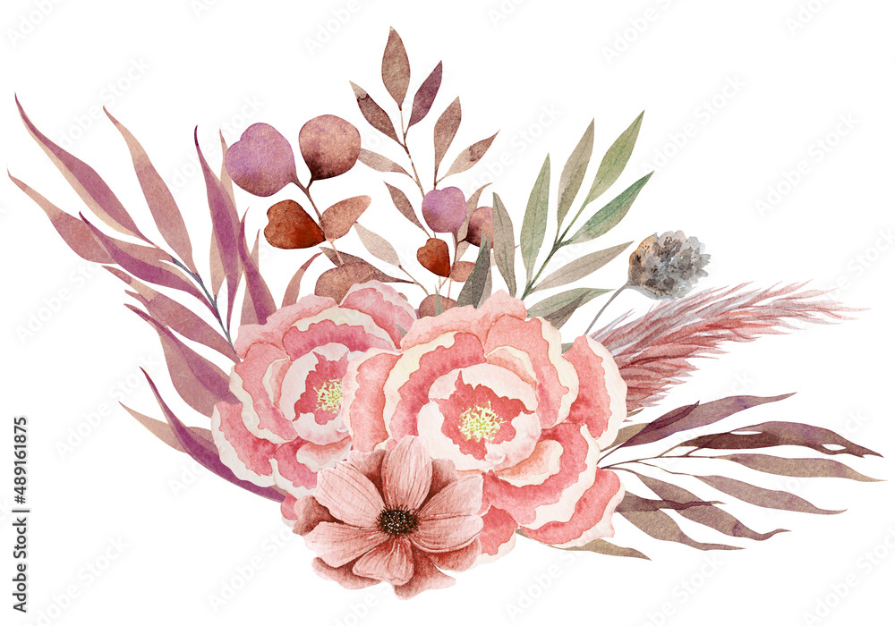 Flowers, Boho style, bouquet, arrangement, floral, retro, illustration, wedding, invitation, decoration Flowers, Boho style, bouquet, arrangement, floral, retro, illustration, wedding, invitation, decoration
