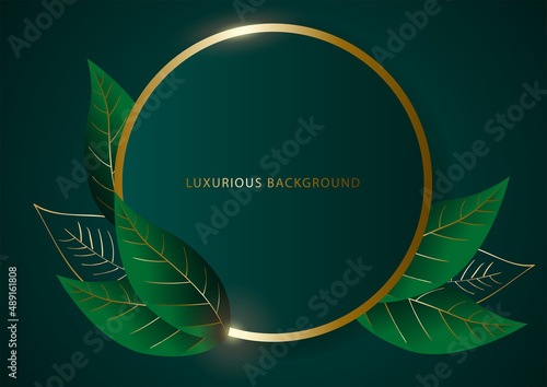 Luxurious abstract leaves with golden frame