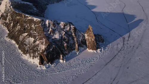 Cape Khoboy on Olkhon Island in Baikal drone flight over a rocky cape