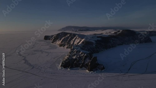 Cape Khoboy on Olkhon Island in Baikal drone flight over a rocky cape